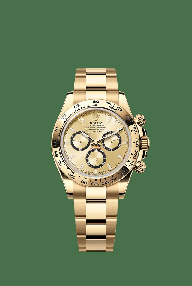 Manufacturer image of Rolex Cosmograph Daytona reference 126508, 18ct yellow gold, Champagne dial, Oyster, front view