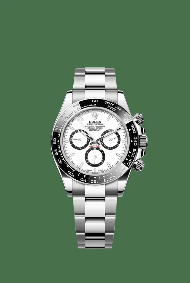 Manufacturer image of Rolex Cosmograph Daytona reference 126500LN, Oystersteel, black Cerachrom bezel, White dial, Oyster, front view