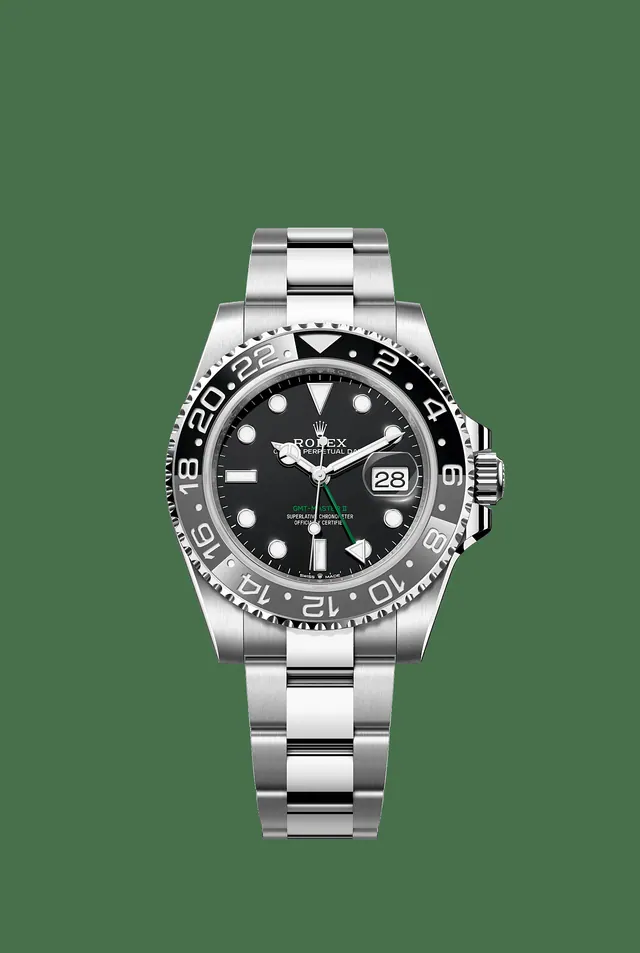 Manufacturer image of Rolex GMT-Master II reference 126710GRNR, Oystersteel, grey and black Cerachrom bezel, Black dial, Oyster, front view
