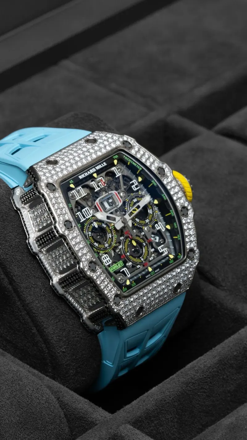 Richard Mille RM 11-03 Diamond-Set White Gold, White gold, diamond-set, Light blue strap, Flyback
