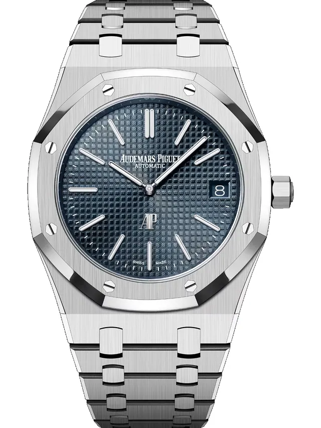 Manufacturer image of Audemars Piguet Royal Oak Jumbo Extra-Thin reference 16202ST.OO.1240ST.01, Steel, Bleu Nuit, Nuage 50 Petite Tapisserie dial, Steel, front view