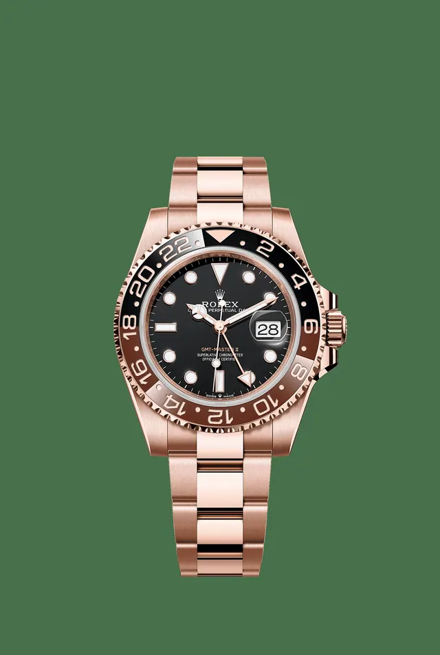 Manufacturer image of Rolex GMT-Master II reference 126715CHNR, 18ct Everose gold, brown and black Cerachrom bezel, Black dial, Oyster, front view