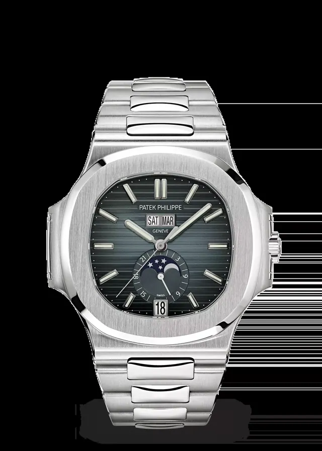 Manufacturer image of Patek Philippe Nautilus Annual Calendar reference 5726/1A-014, Steel, Blue grey, black gradated dial, Steel, front view