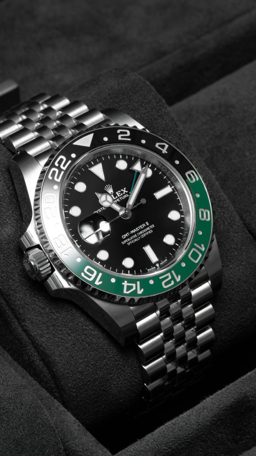GMT-Master II 'Sprite' Left-Crown — Steel · Left-hand crown · Black-and-green bezel · Jubilee — Rolex