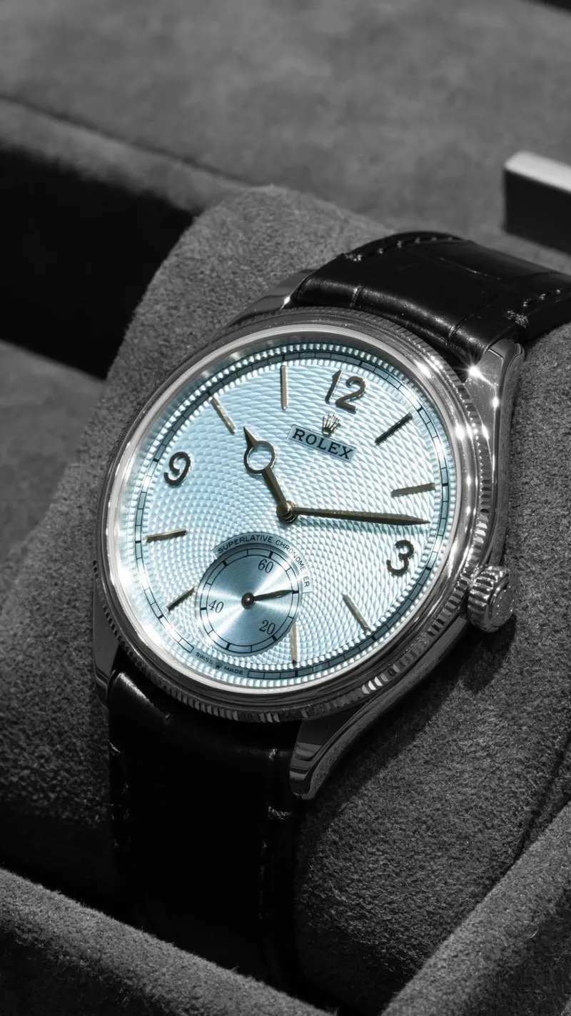 Rolex Perpetual 1908 Ice Blue, Platinum, Ice-blue guilloche dial, Leather strap