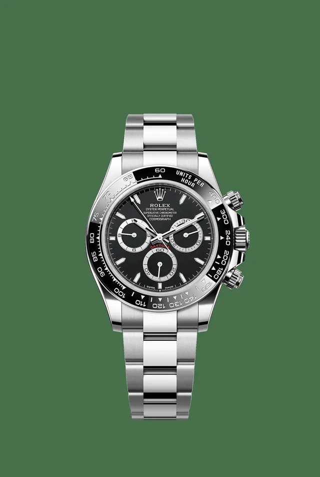 Manufacturer image of Rolex Cosmograph Daytona reference 126500LN, Oystersteel, black Cerachrom bezel, Black dial, Oyster, front view