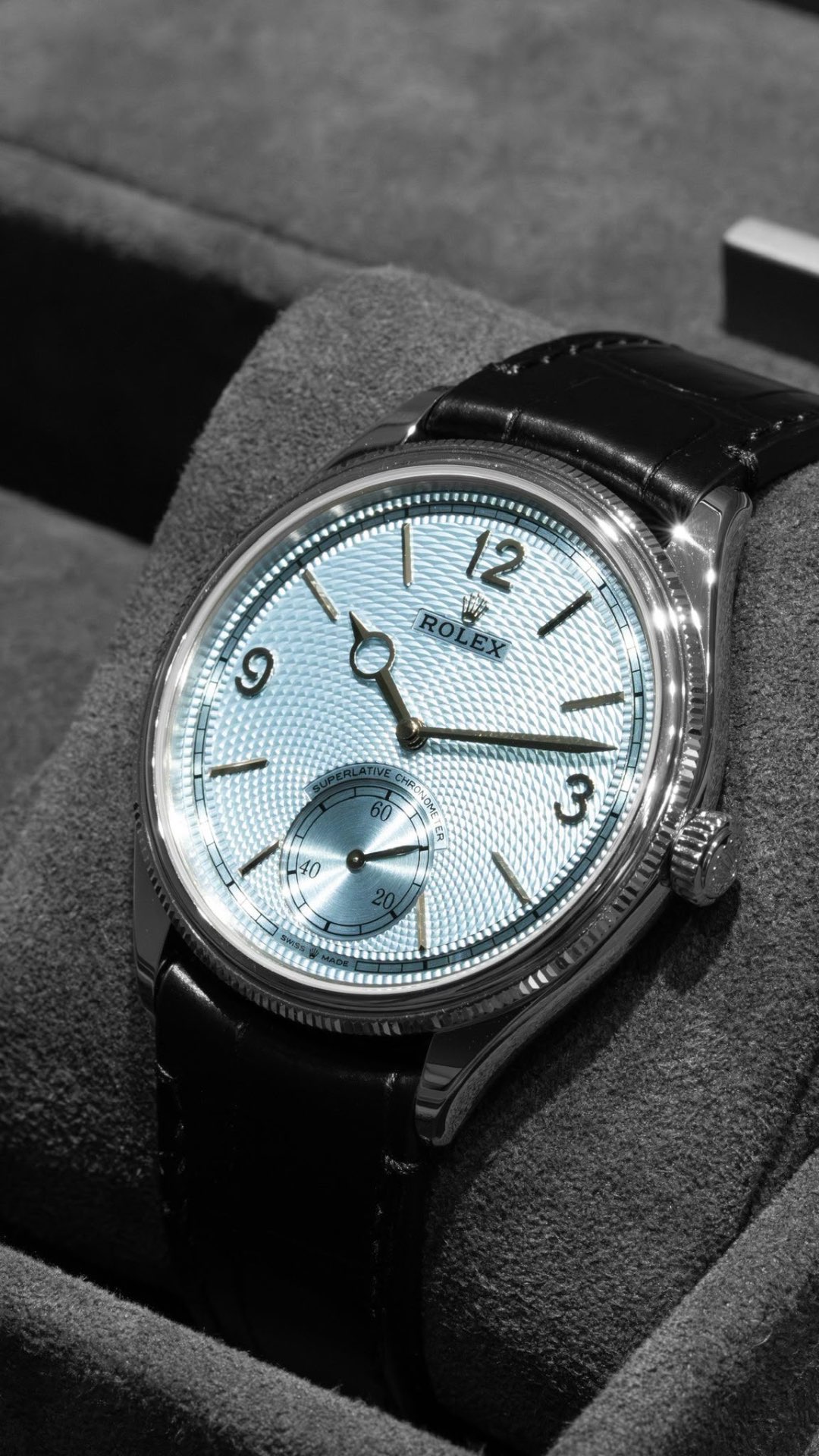 Perpetual 1908 Ice Blue — White gold · Ice-blue guilloché dial · Leather strap — Rolex