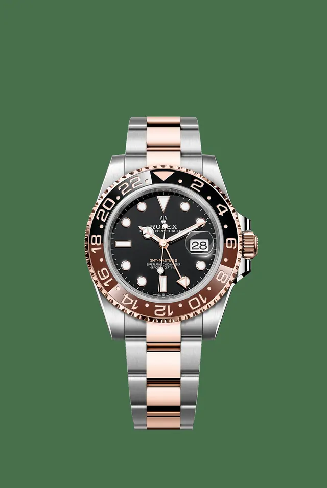 Manufacturer image of Rolex GMT-Master II reference 126711CHNR, Everose Rolesor, brown and black Cerachrom bezel, Black dial, Oyster, front view