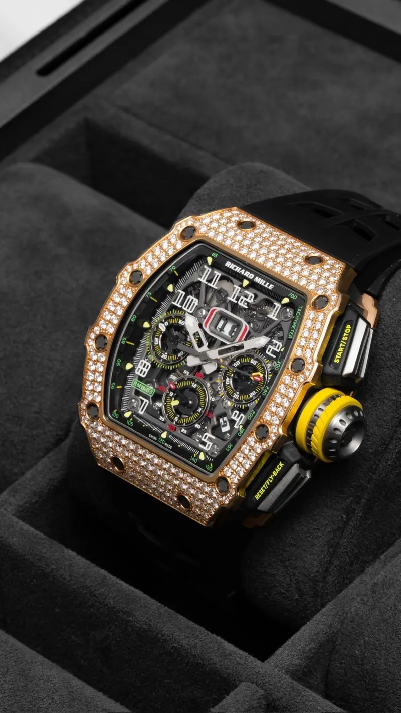 Richard Mille RM 11-03 Diamond-Set Rose Gold, Rose gold, diamond-set, Black strap, Flyback