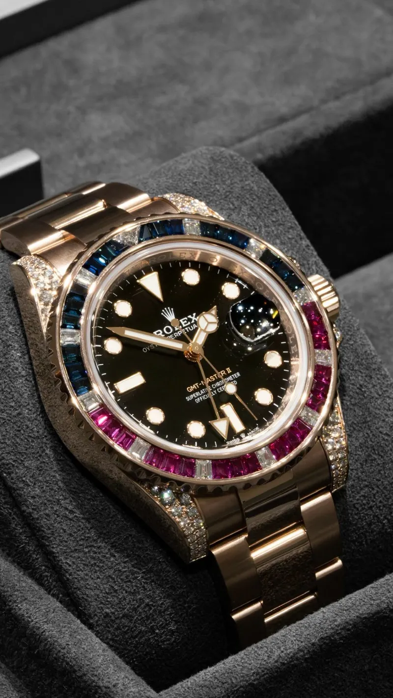 Rolex GMT-Master II Rose Gold SARU, Rose gold, Sapphire, ruby and diamond bezel, Black dial