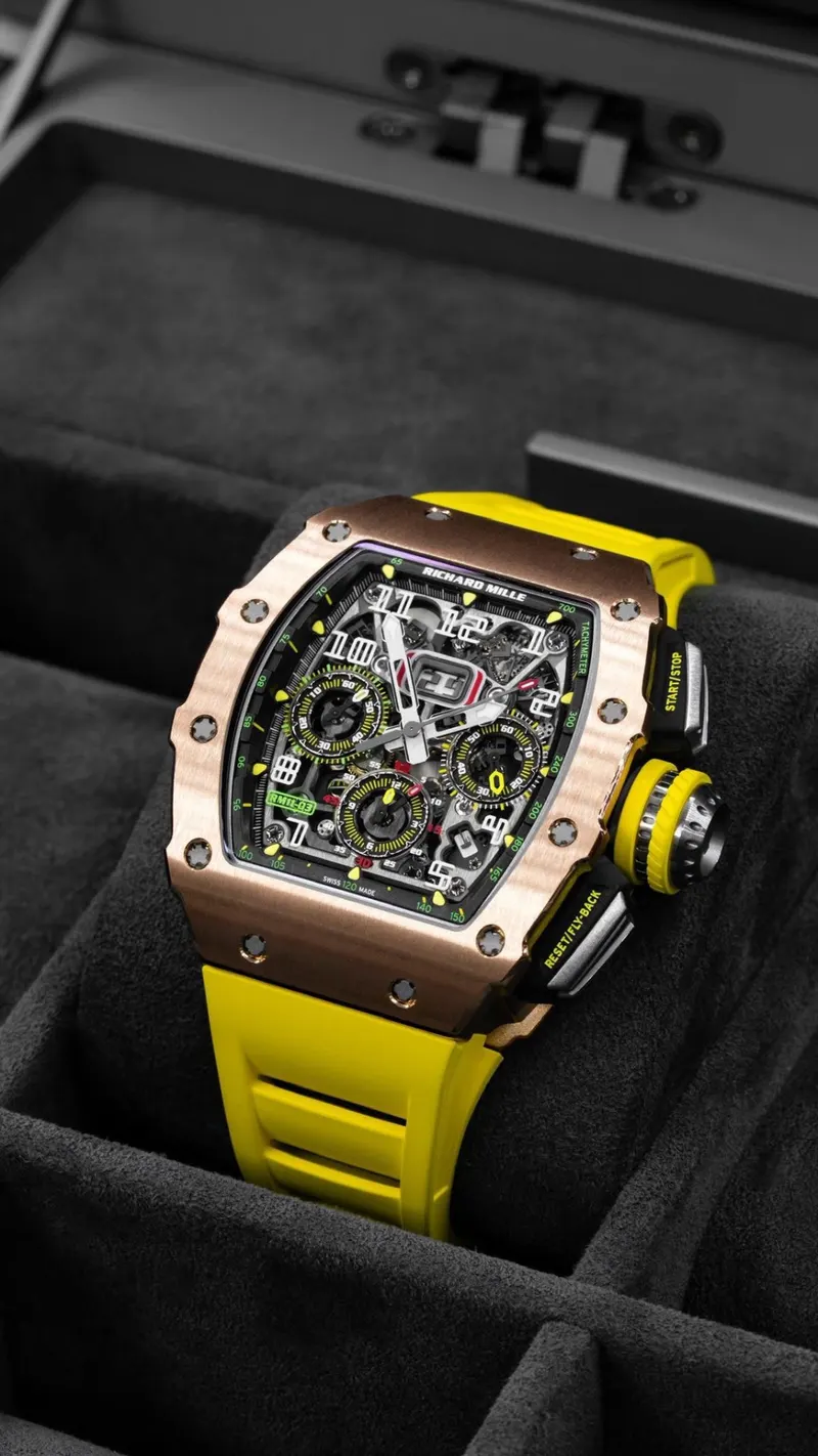 Richard Mille RM 11-03 Rose Gold Flyback, Rose gold, Yellow rubber strap, Flyback chronograph