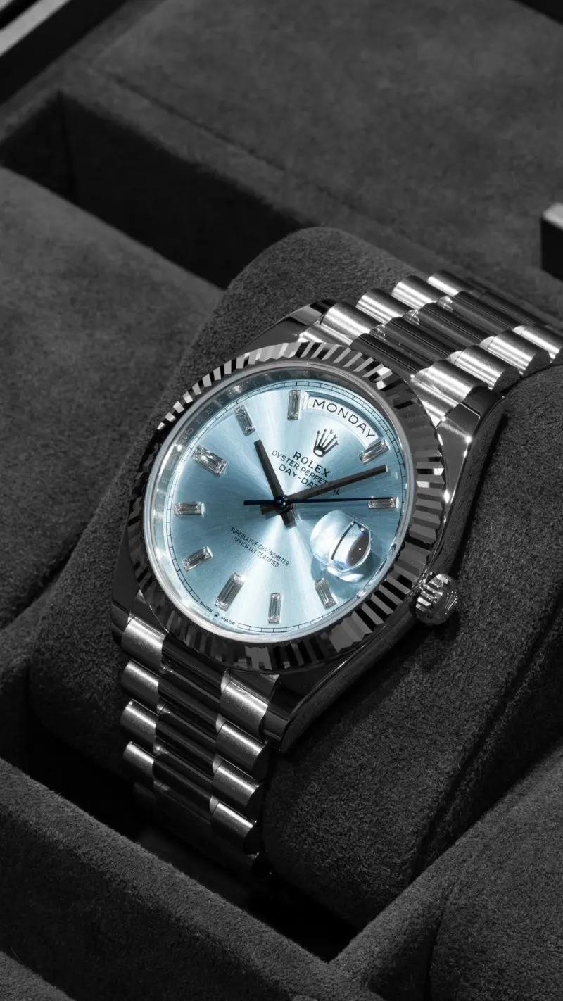 Rolex Day-Date 40 Platinum Ice Blue Baguette, Platinum, Ice-blue dial, Baguette-diamond markers