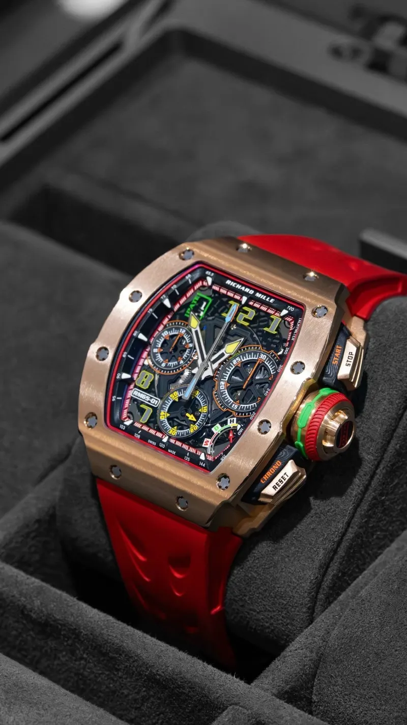 Richard Mille RM 65-01 Rose Gold Split-Seconds, Rose gold, Red strap, Automatic split-seconds