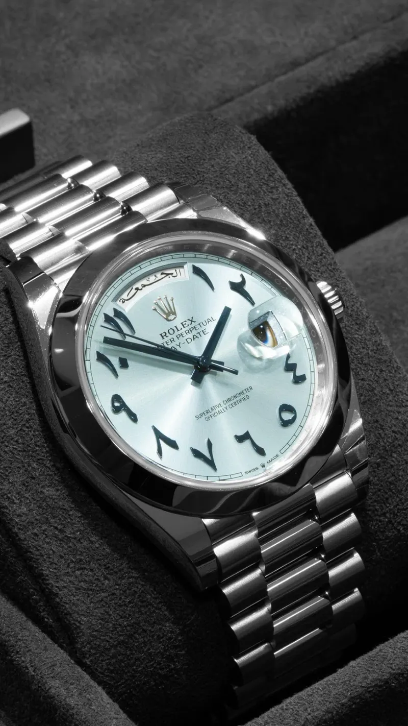 Rolex Day-Date 40 Platinum Ice Blue Arabic, Platinum, Ice-blue Arabic dial, President bracelet