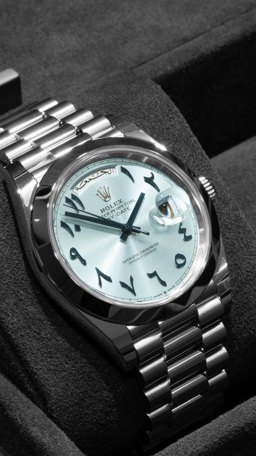 Day-Date 40 Platinum Ice Blue Arabic — Platinum · Ice-blue Arabic dial · President bracelet — Rolex