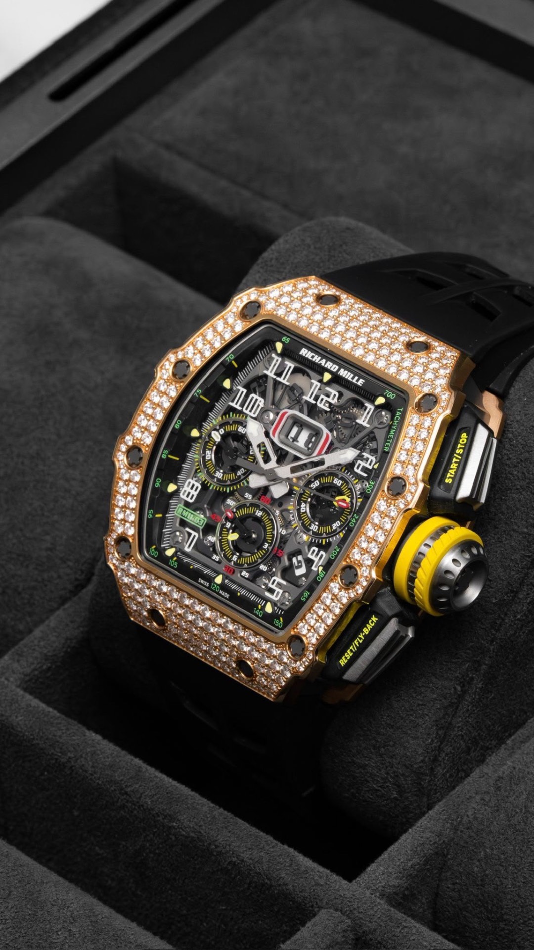 RM 11-03 Diamond-Set Rose Gold — Rose gold, diamond-set · Black strap · Flyback — Richard Mille