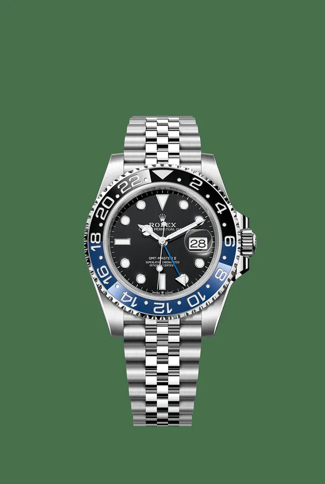 Manufacturer image of Rolex GMT-Master II reference 126710BLNR, Oystersteel, blue and black Cerachrom bezel, Black dial, Jubilee, front view